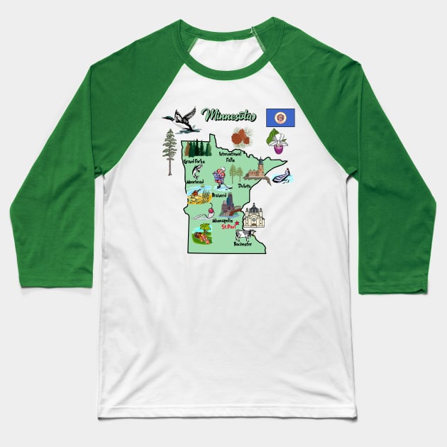 Minnesota tourist map with landmarks,famous symbols and major cities, USA Baseball T-Shirt by Mashmosh